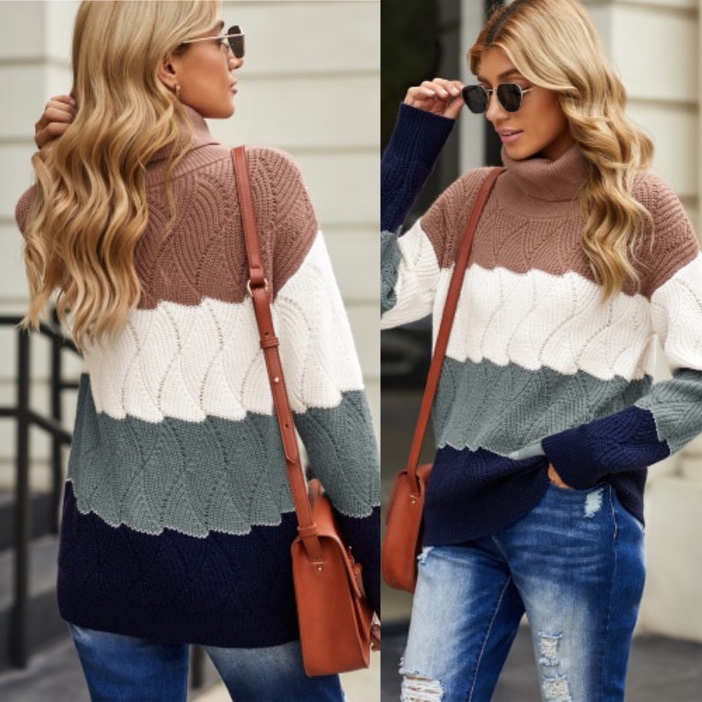 Turtle Neck Color Block Twist Sweater - Picture 2 of 4